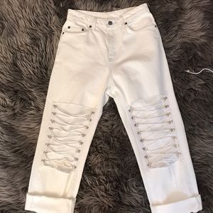 Lace up white jeans